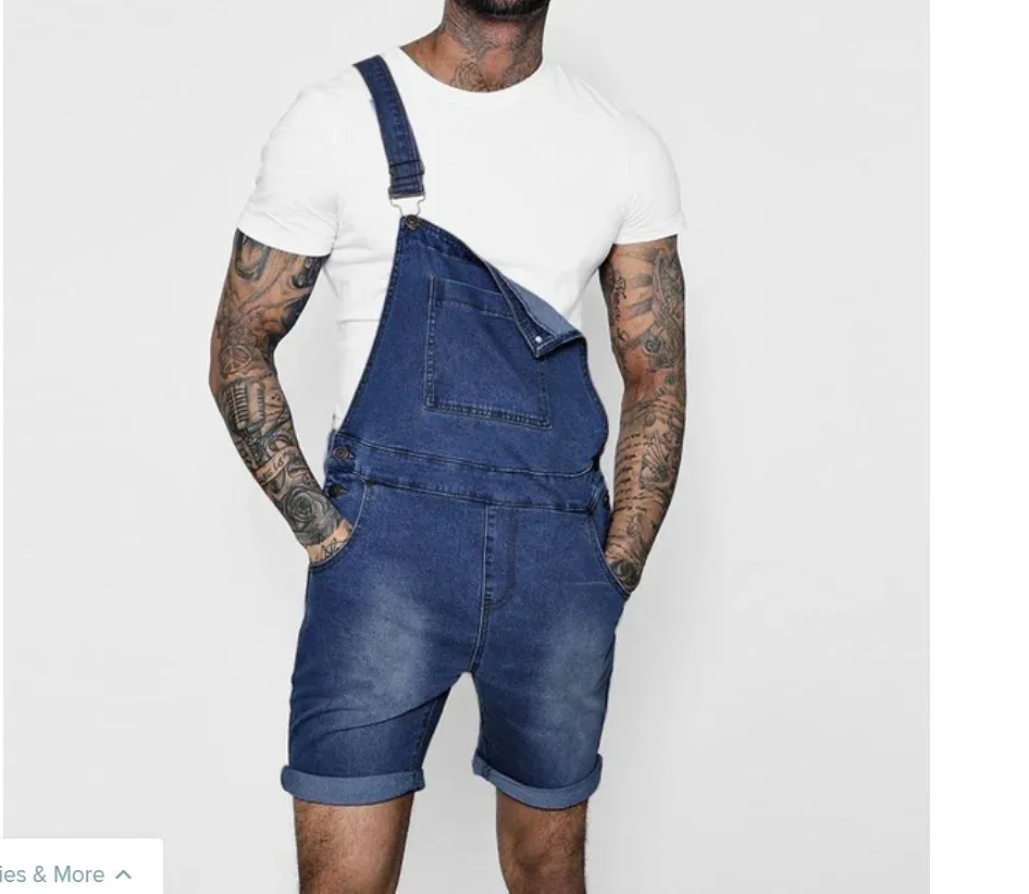 Men Jeans Rompers Overalls Wide Leg Pants Washing Spliced One Piece Pockets Summer Jumpsuits Knee Length Casual Distressed