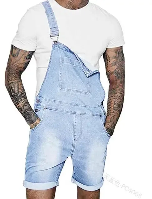 Men Jeans Rompers Overalls Wide Leg Pants Washing Spliced One Piece Pockets Summer Jumpsuits Knee Length Casual Distressed