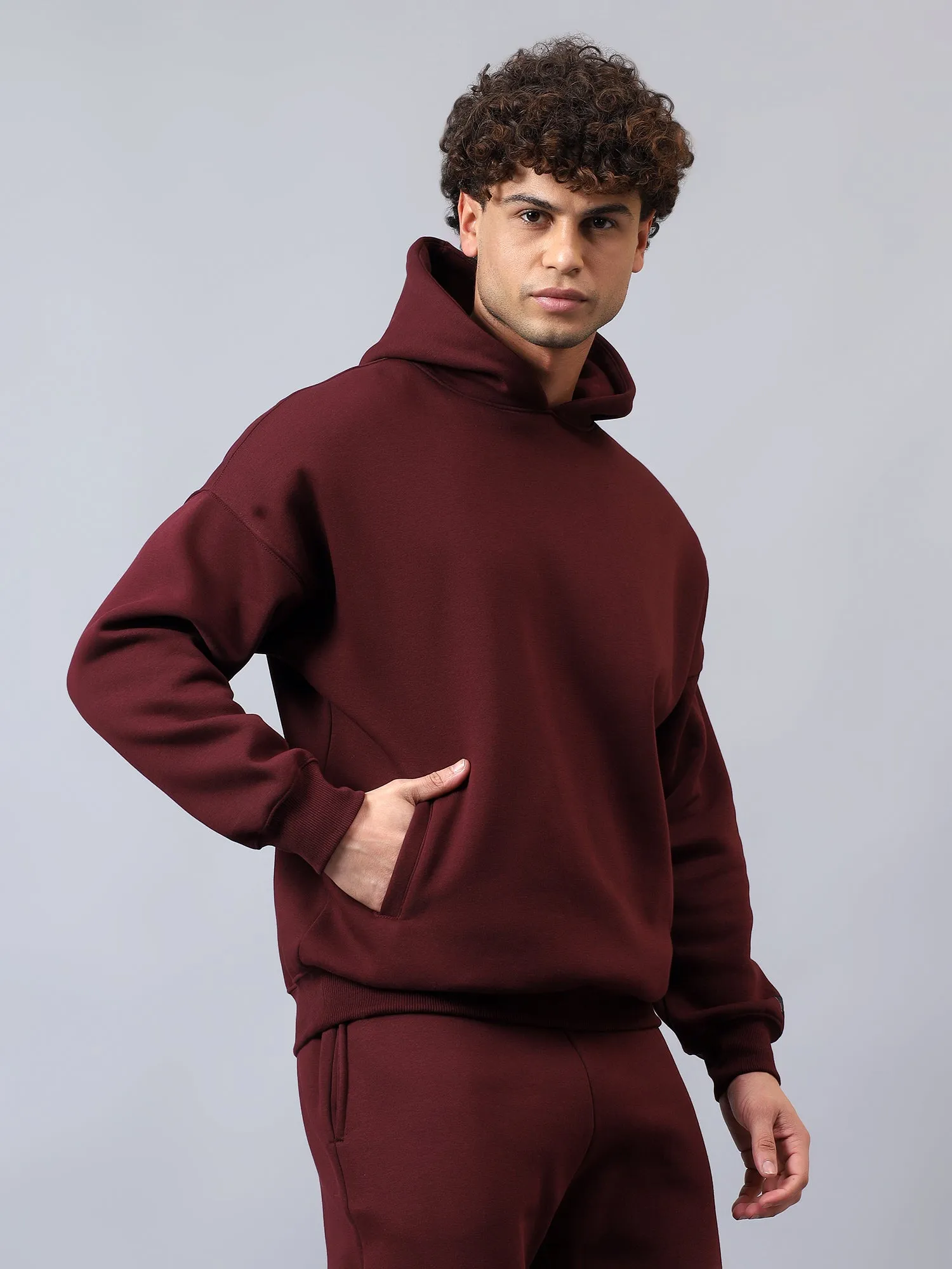 Men's Burgundy Solid Fleece Winter Hooded Sweatshirt