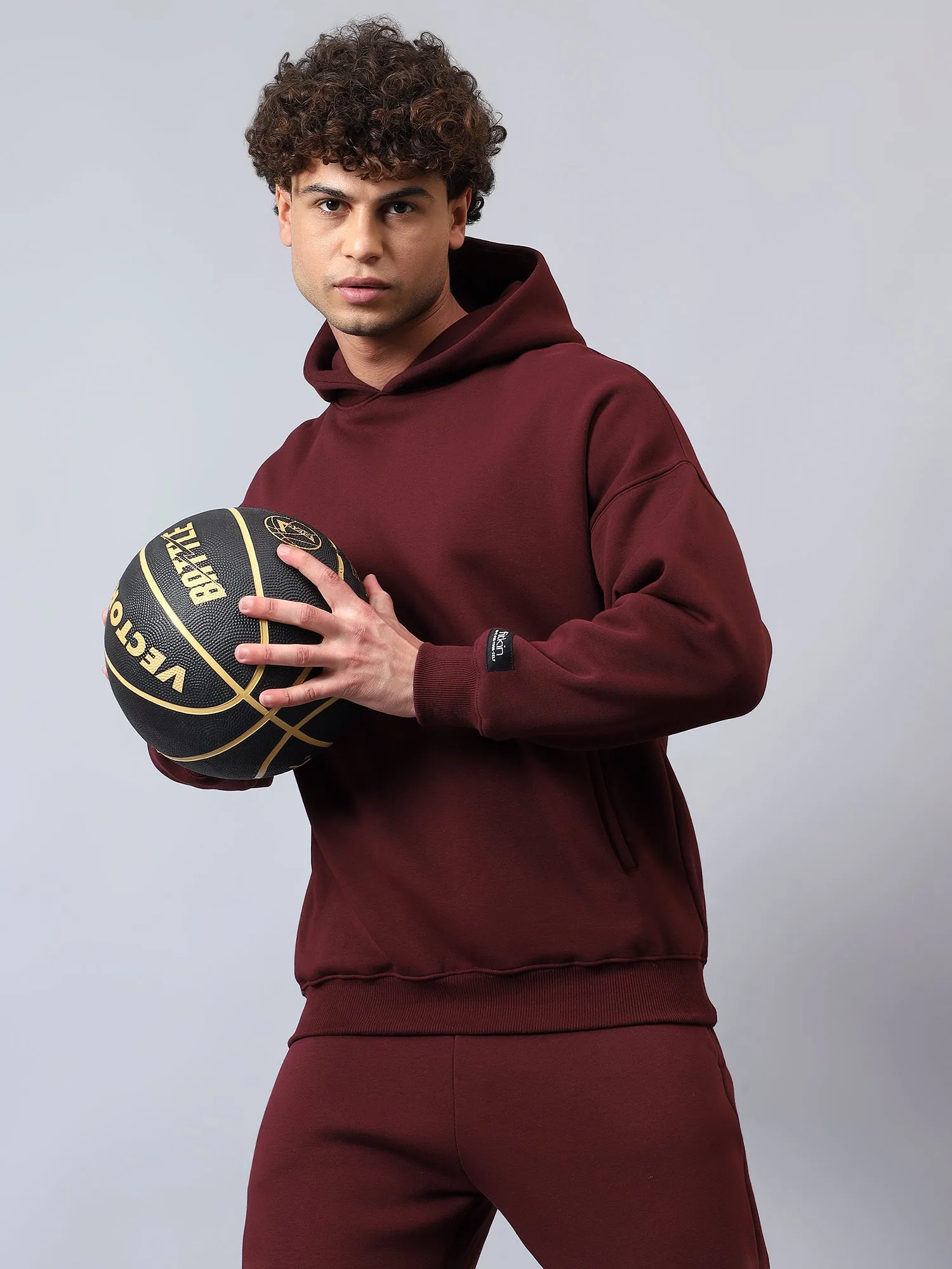 Men's Burgundy Solid Fleece Winter Hooded Sweatshirt