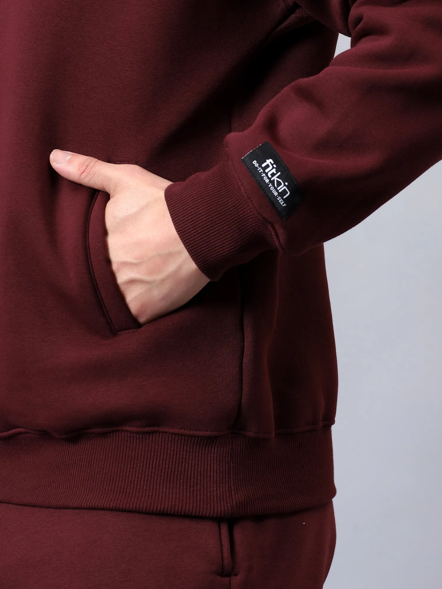 Men's Burgundy Solid Fleece Winter Hooded Sweatshirt