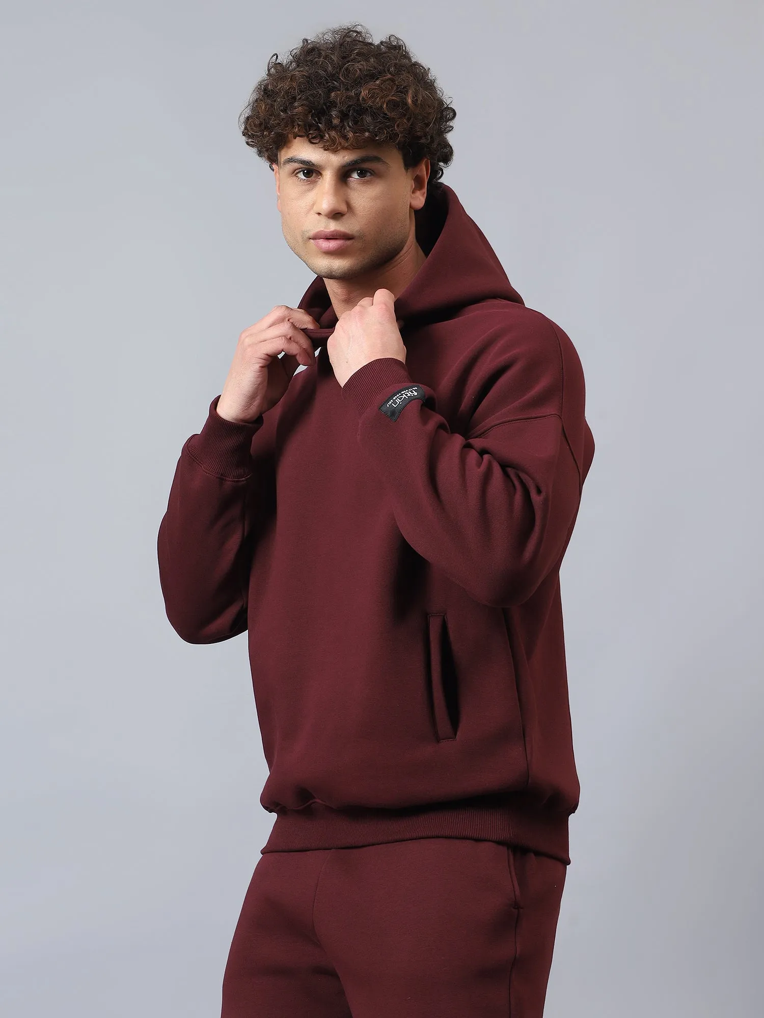 Men's Burgundy Solid Fleece Winter Hooded Sweatshirt