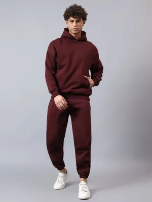 Men's Burgundy Solid Fleece Winter Hooded Sweatshirt