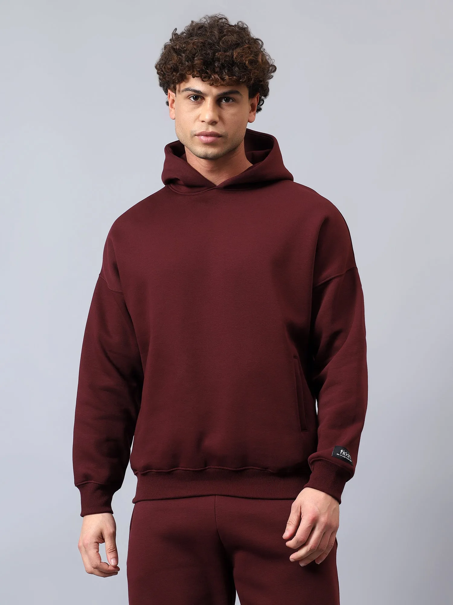 Men's Burgundy Solid Fleece Winter Hooded Sweatshirt