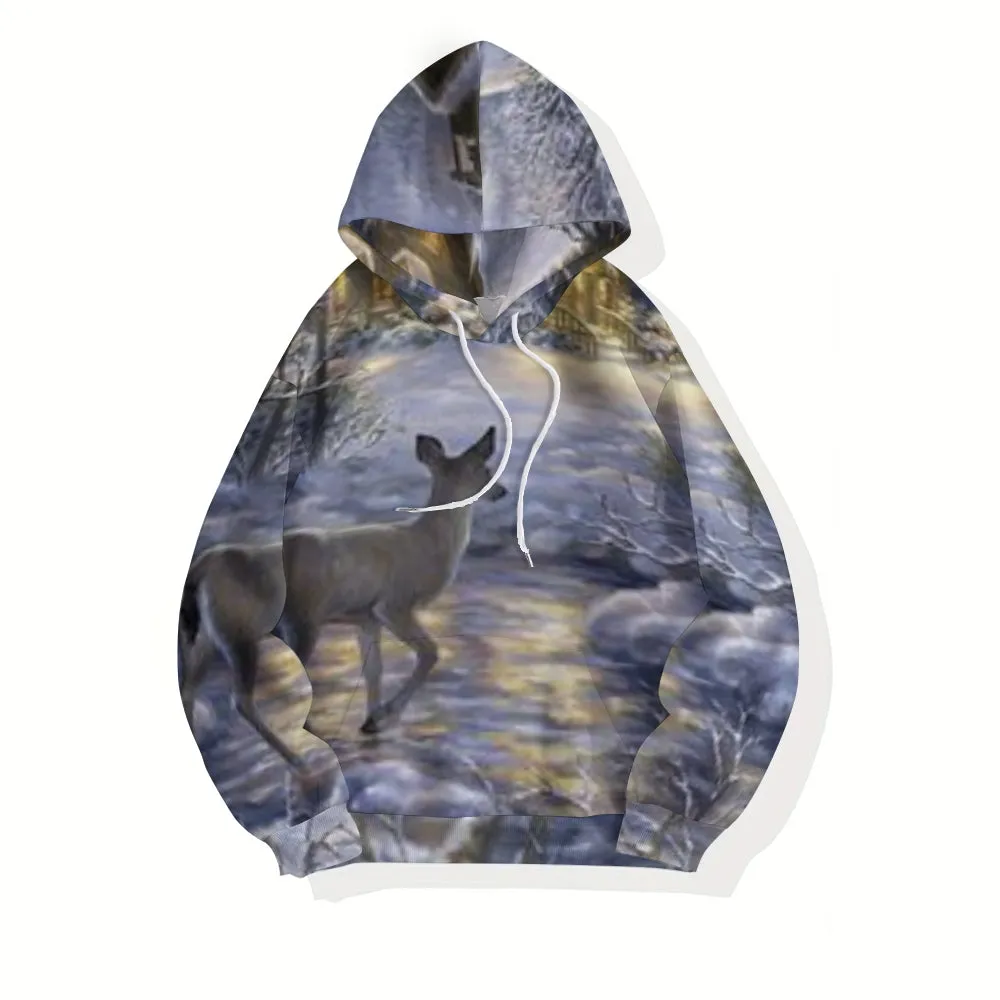 Mens Christmas Reindeer Graphic Pullover With Kangaroo Pocket Hoodies