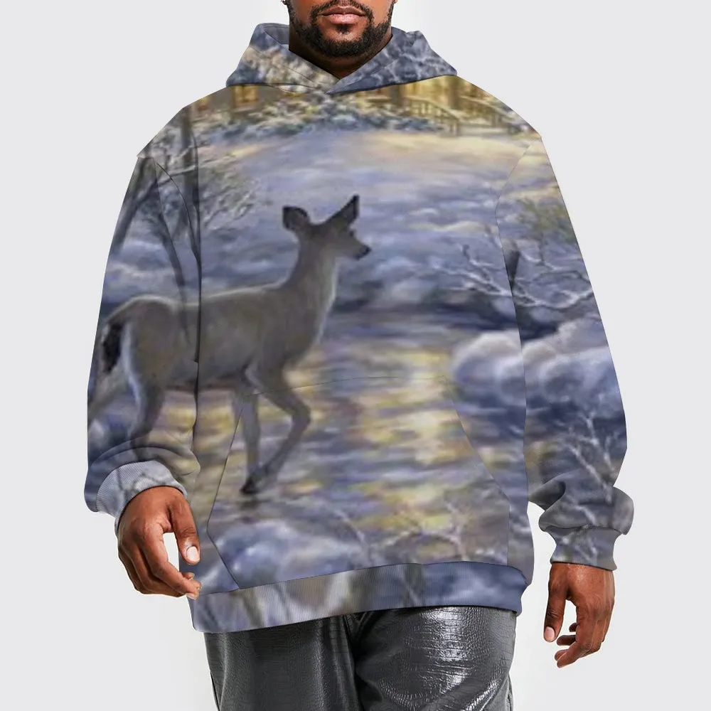 Mens Christmas Reindeer Graphic Pullover With Kangaroo Pocket Hoodies