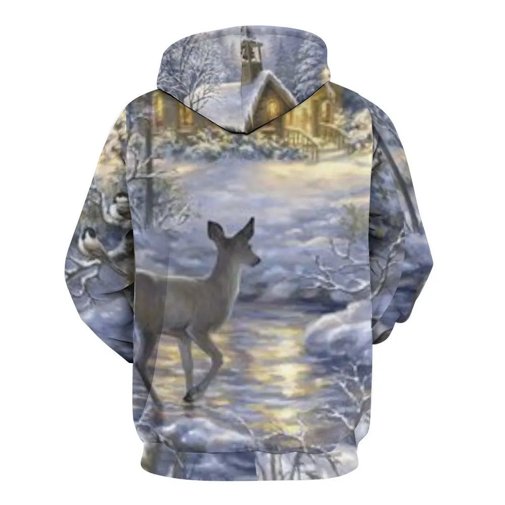 Mens Christmas Reindeer Graphic Pullover With Kangaroo Pocket Hoodies