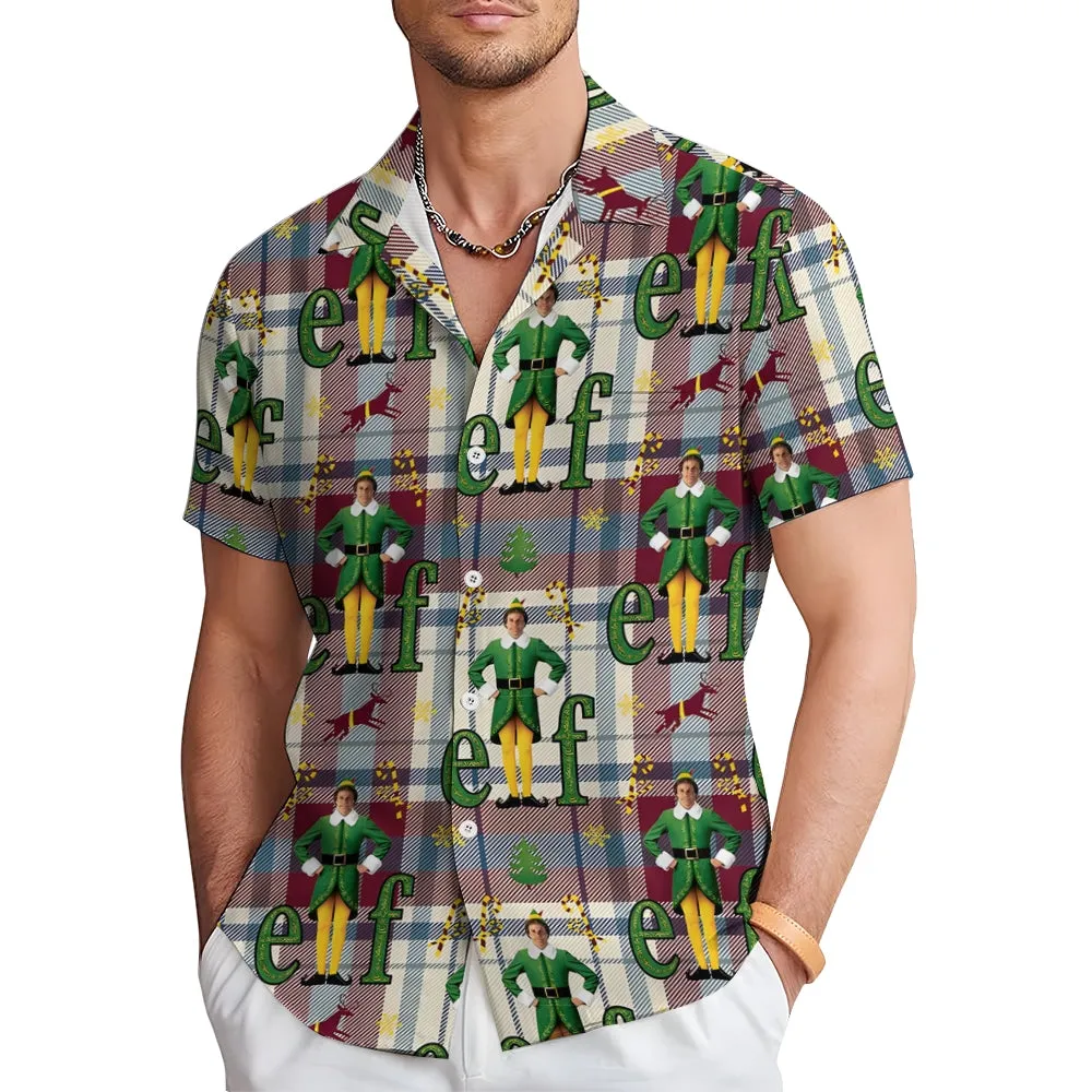 Men's Plaid Elf Print Casual Short Sleeve Shirt 2411008985