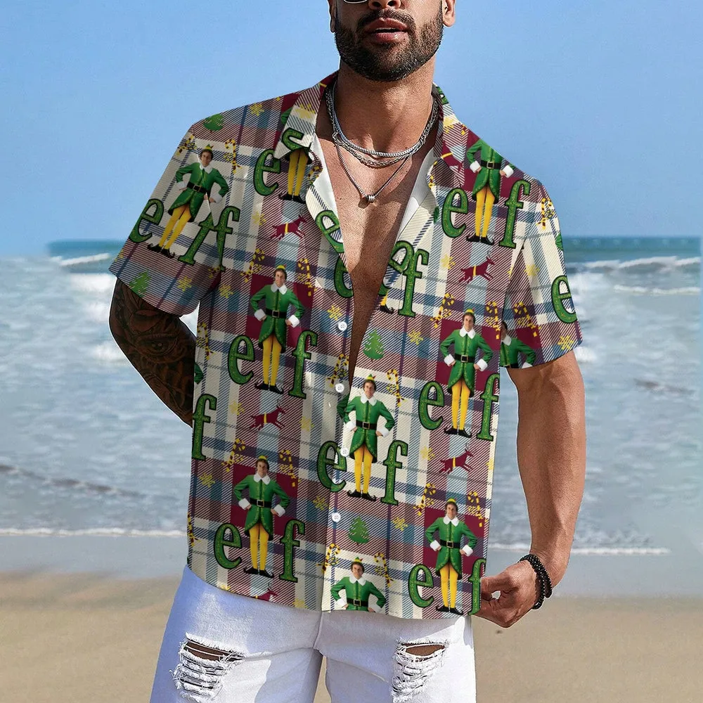 Men's Plaid Elf Print Casual Short Sleeve Shirt 2411008985