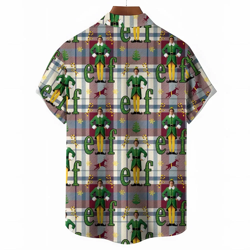 Men's Plaid Elf Print Casual Short Sleeve Shirt 2411008985