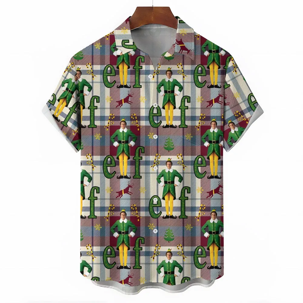 Men's Plaid Elf Print Casual Short Sleeve Shirt 2411008985