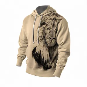 Men's Retro Lion Printed Long Sleeve Fleece Hoodie 2409011663
