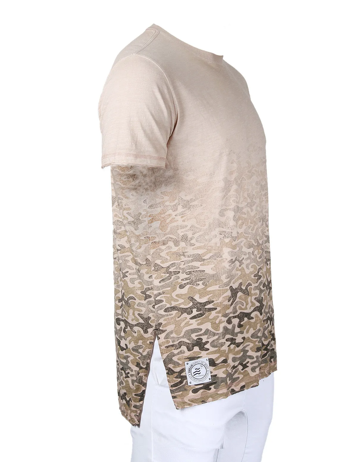 Men's Short Sleeve Camouflage Longline Side Slit Oil Wash T-shirts BROWN
