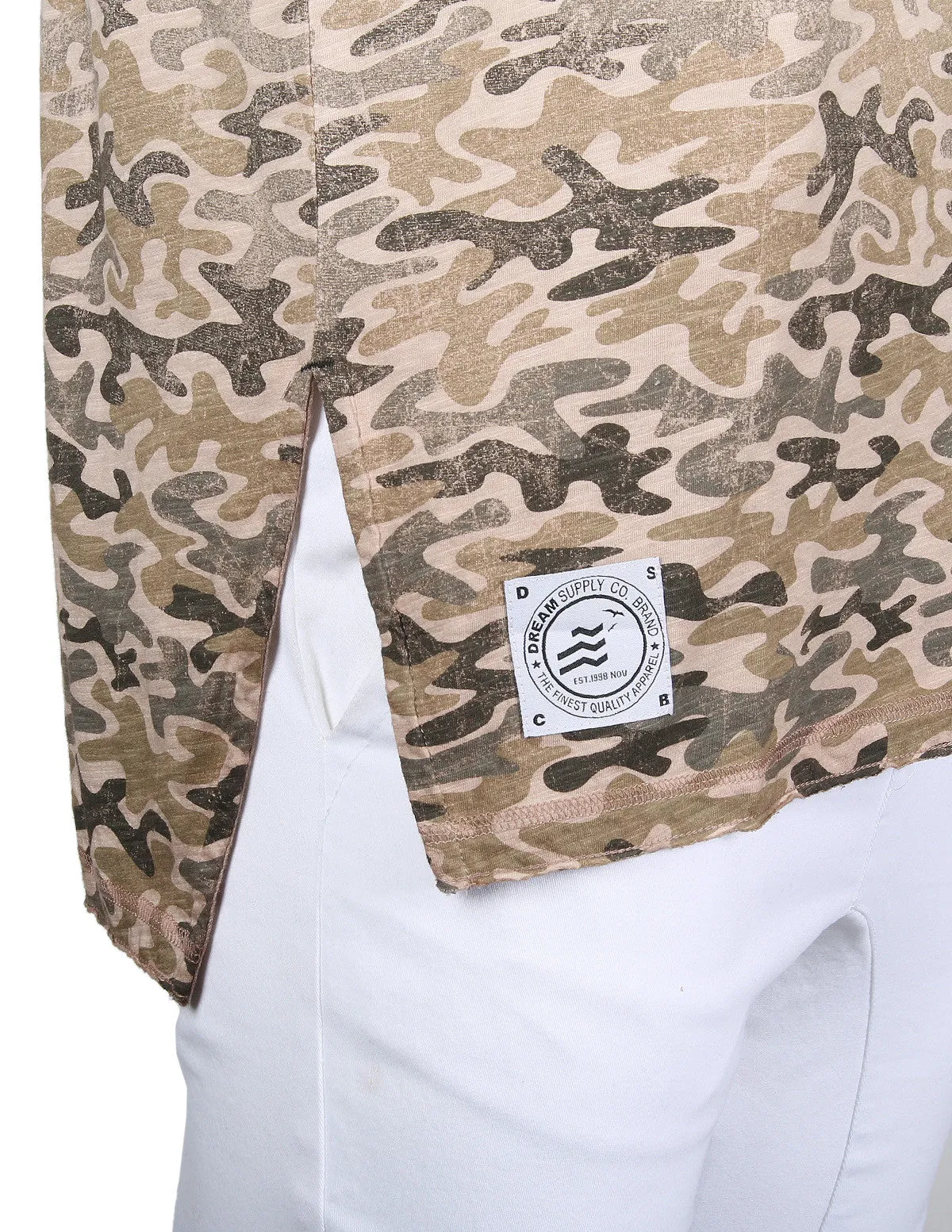Men's Short Sleeve Camouflage Longline Side Slit Oil Wash T-shirts BROWN