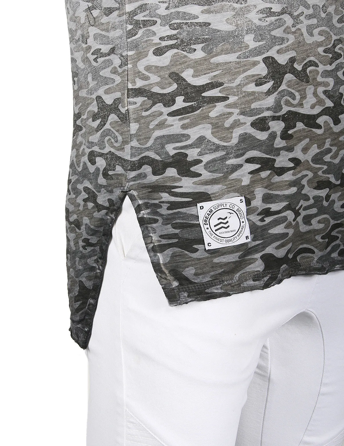 Men's Short Sleeve Camouflage Longline Side Slit Oil Wash T-shirts BROWN