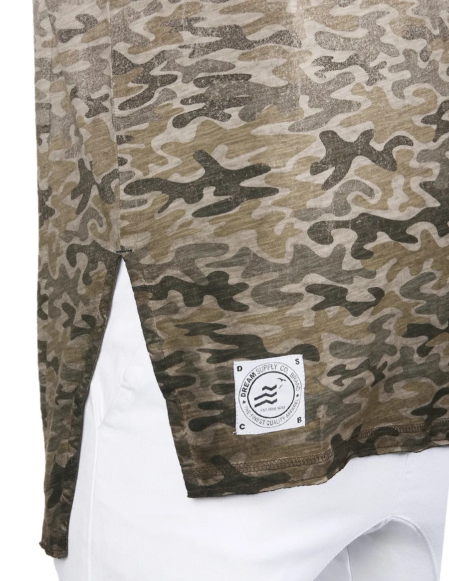 Men's Short Sleeve Camouflage Longline Side Slit Oil Wash T-shirts BROWN