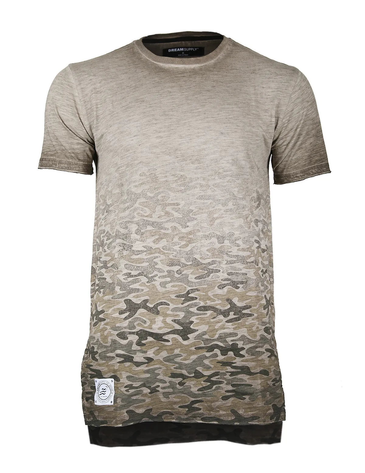 Men's Short Sleeve Camouflage Longline Side Slit Oil Wash T-shirts BROWN