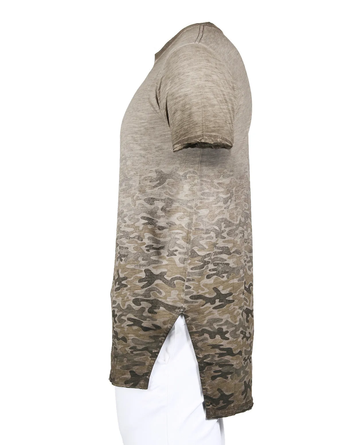 Men's Short Sleeve Camouflage Longline Side Slit Oil Wash T-shirts BROWN