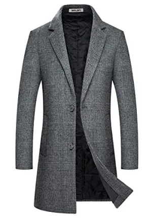 Mens Trench Coat Wool Blend Top Pea Coat Winter Long Single Breasted Classic Stylish Business Overcoat (1966) - Gray Plaid L