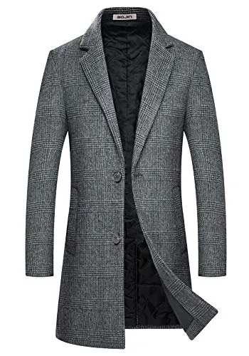 Mens Trench Coat Wool Blend Top Pea Coat Winter Long Single Breasted Classic Stylish Business Overcoat (1966) - Gray Plaid L