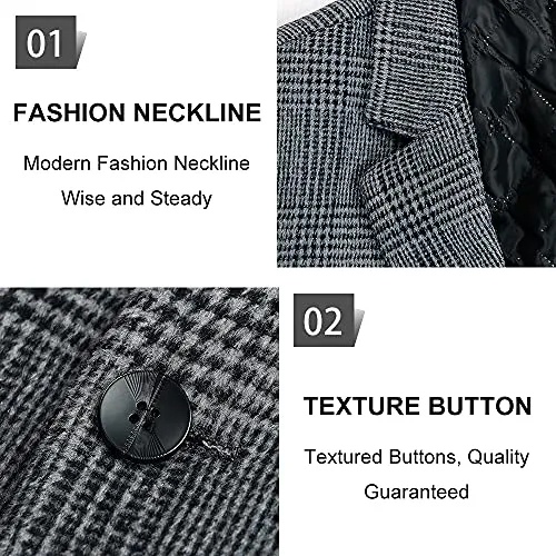 Mens Trench Coat Wool Blend Top Pea Coat Winter Long Single Breasted Classic Stylish Business Overcoat (1966) - Gray Plaid L