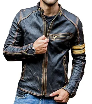 Mens Vintage Cafe Racer Retro Motorcycle Distressed Biker Leather Jacket (M - Suitable for Chest Size 38")