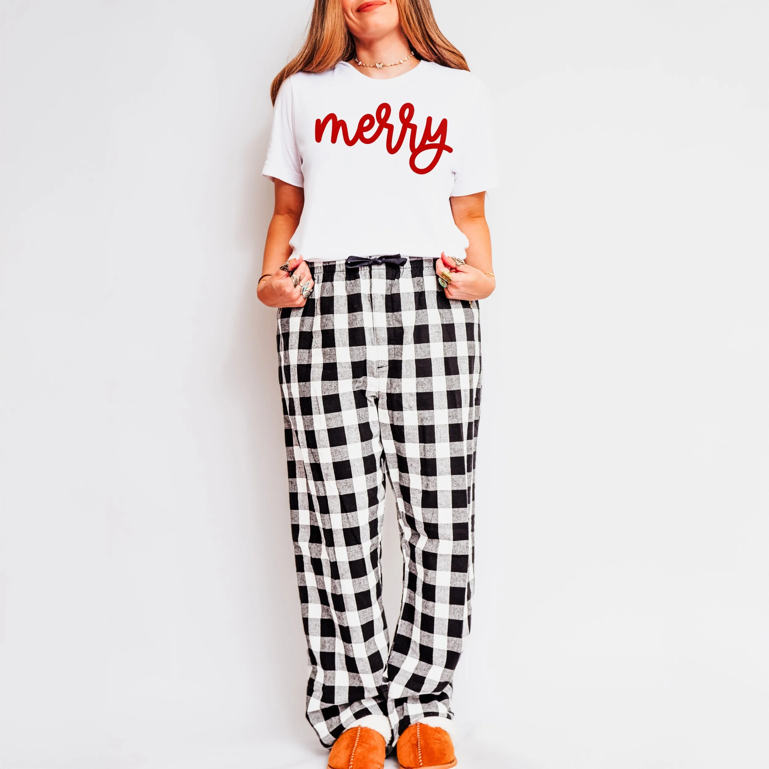 Merry Bold Cursive Puff Print | Plaid Pajama Set