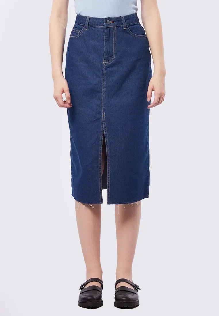 Midi Denim Skirt with Front Slit