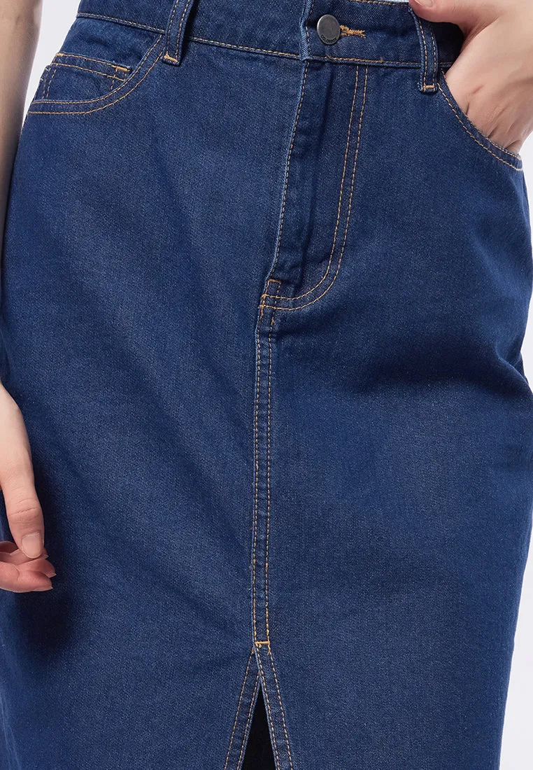 Midi Denim Skirt with Front Slit