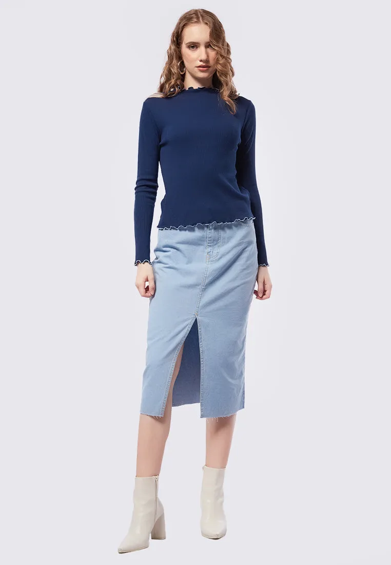 Midi Denim Skirt with Front Slit