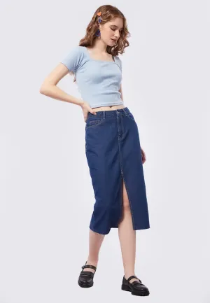 Midi Denim Skirt with Front Slit