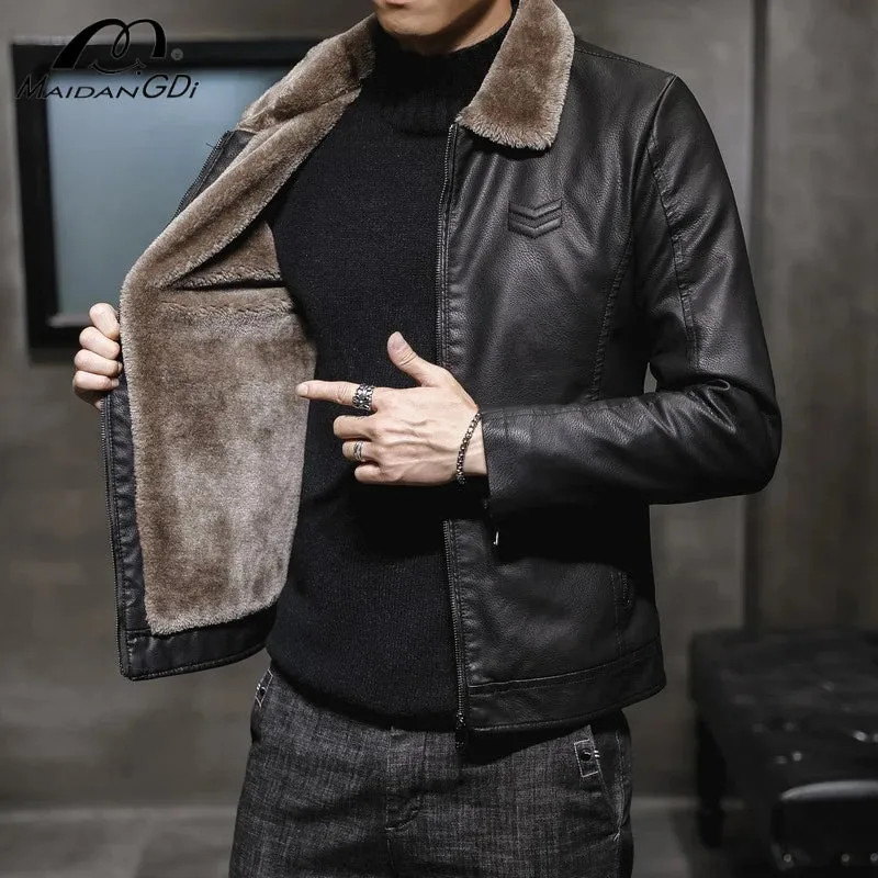 New High End Men Leather Jacket  Flip Collar with Thick Velvet Trendy Fur