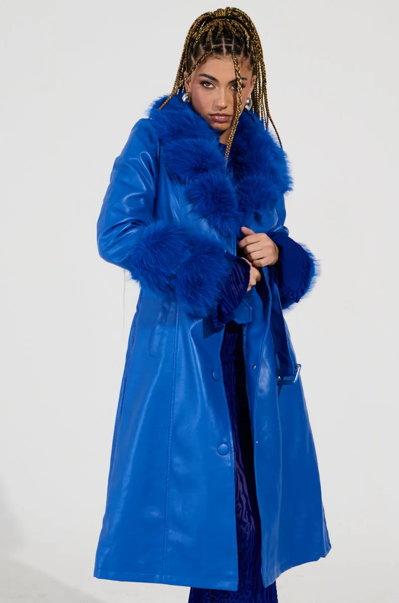 NEW KAYA FUR LINED TRENCH IN BLUE