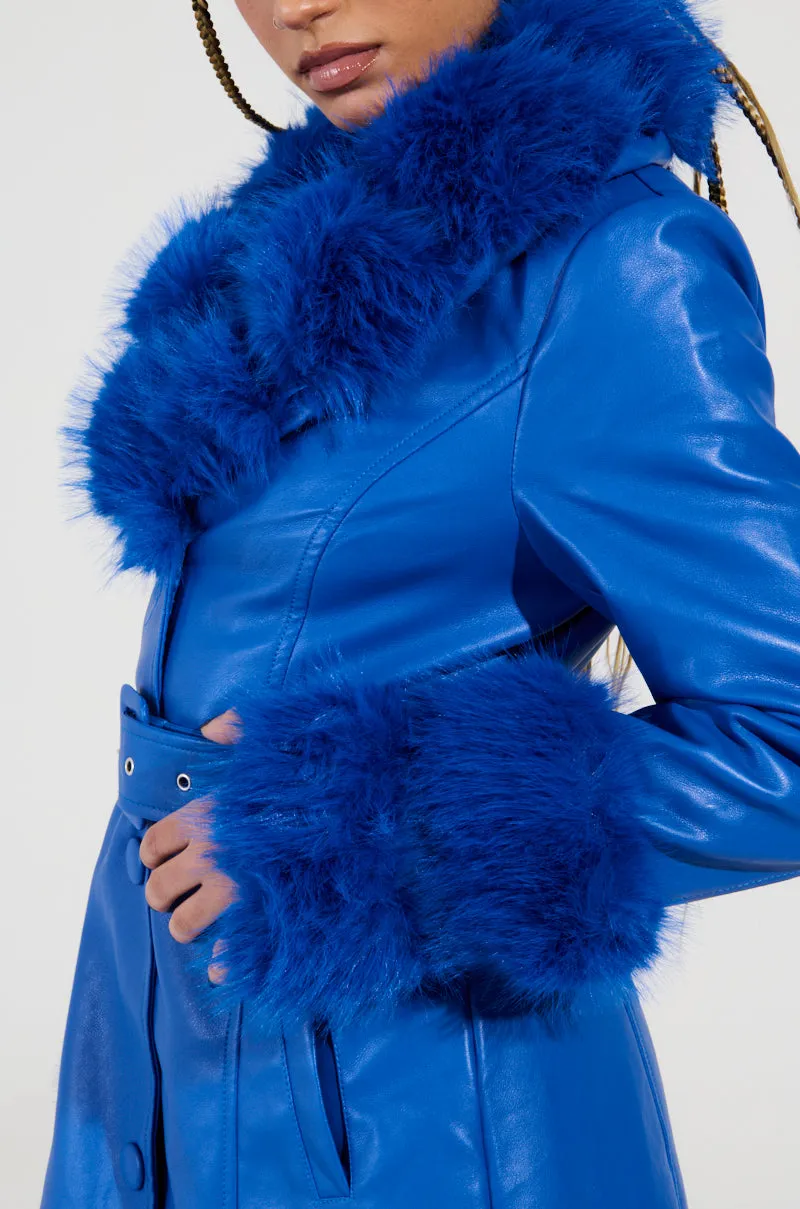 NEW KAYA FUR LINED TRENCH IN BLUE
