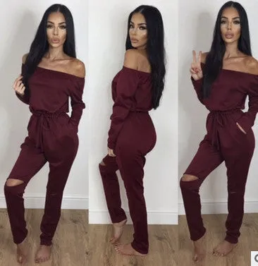 Off Shoulder Jumpsuits Long Sleeve Slim Rompers Womens Jumpsuit Club Party Jumpsuits Hole Playsuits for Women