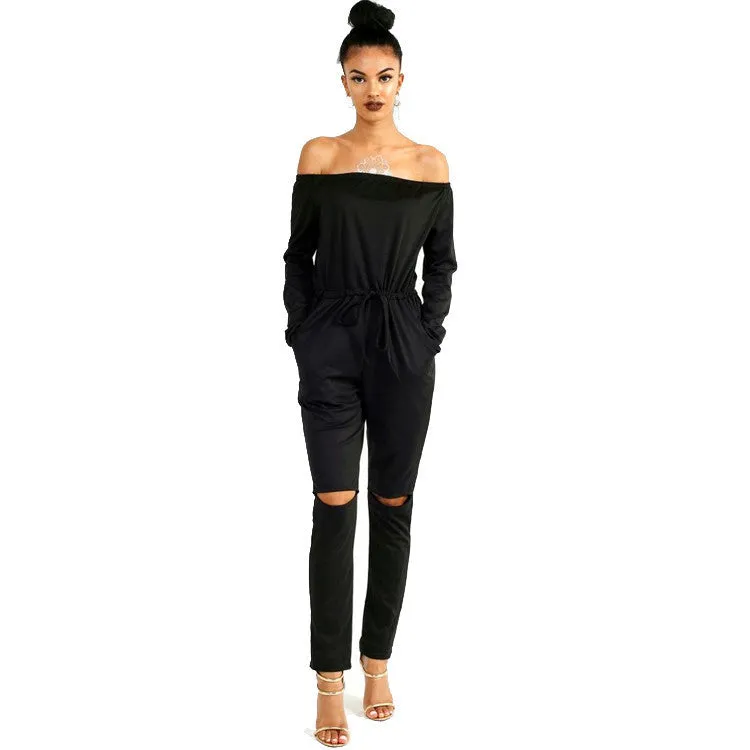 Off Shoulder Jumpsuits Long Sleeve Slim Rompers Womens Jumpsuit Club Party Jumpsuits Hole Playsuits for Women