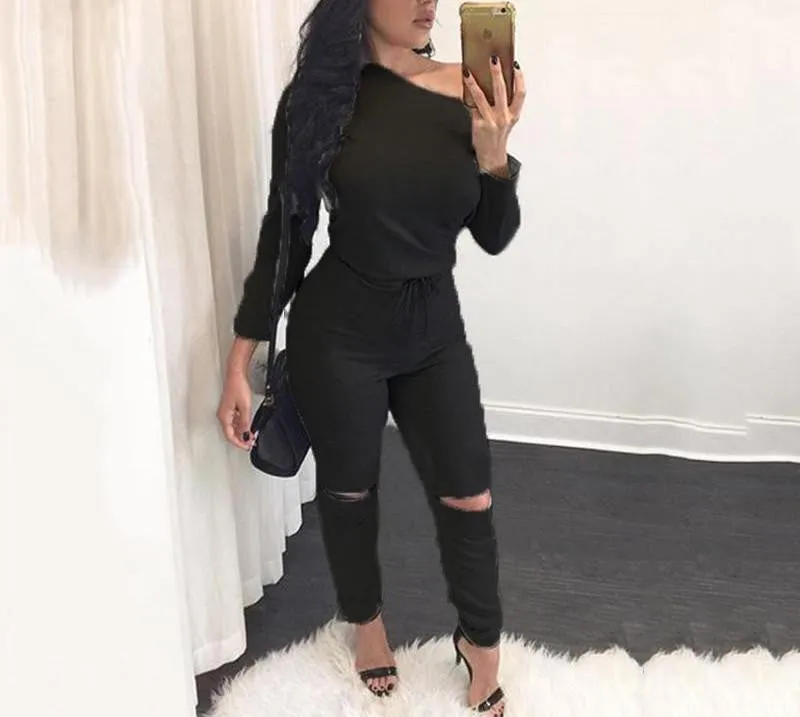 off shoulder long sleeve jumpsuit romper hollow out gray jumpsuit women Fashion wine red jumpsuit