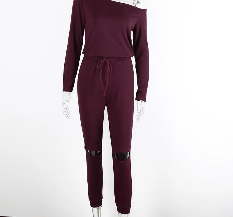 off shoulder long sleeve jumpsuit romper hollow out gray jumpsuit women Fashion wine red jumpsuit