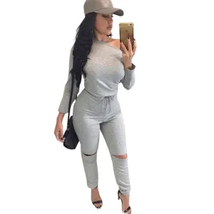 off shoulder long sleeve jumpsuit romper hollow out gray jumpsuit women Fashion wine red jumpsuit
