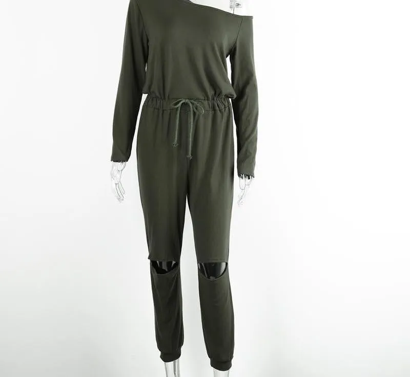 off shoulder long sleeve jumpsuit romper hollow out gray jumpsuit women Fashion wine red jumpsuit