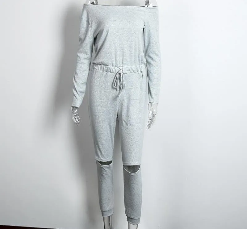 off shoulder long sleeve jumpsuit romper hollow out gray jumpsuit women Fashion wine red jumpsuit