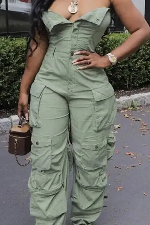 Off-the-shoulder wide-leg denim jumpsuit with cargo pockets