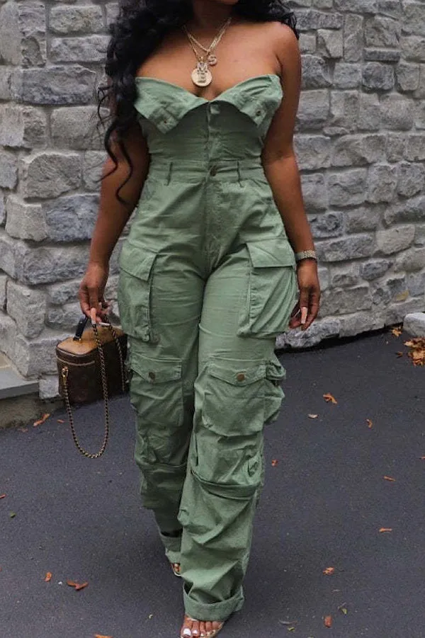 Off-the-shoulder wide-leg denim jumpsuit with cargo pockets