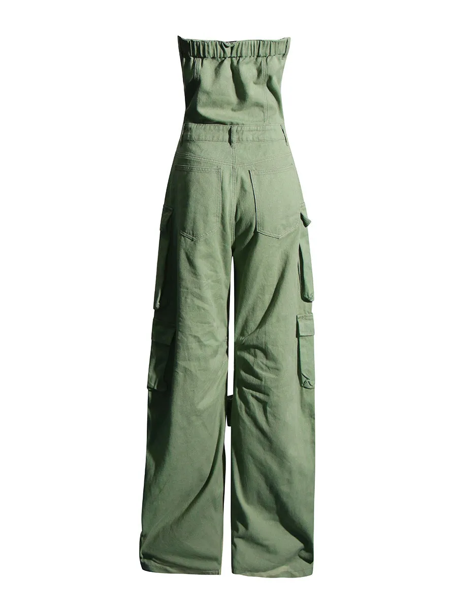 Off-the-shoulder wide-leg denim jumpsuit with cargo pockets