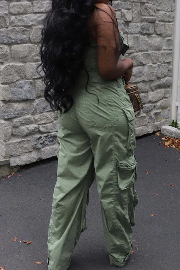 Off-the-shoulder wide-leg denim jumpsuit with cargo pockets