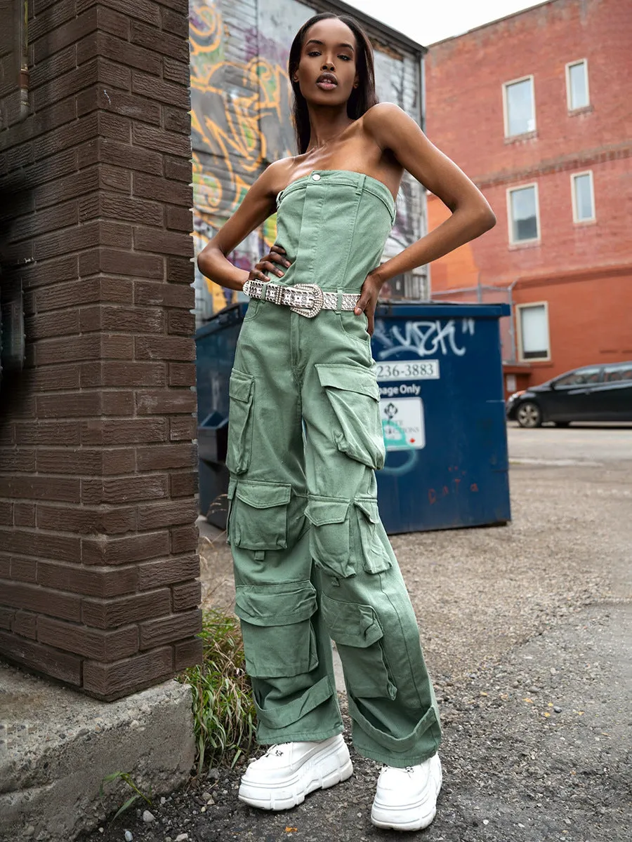 Off-the-shoulder wide-leg denim jumpsuit with cargo pockets