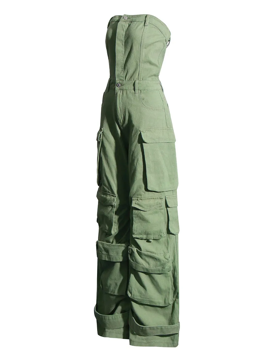 Off-the-shoulder wide-leg denim jumpsuit with cargo pockets