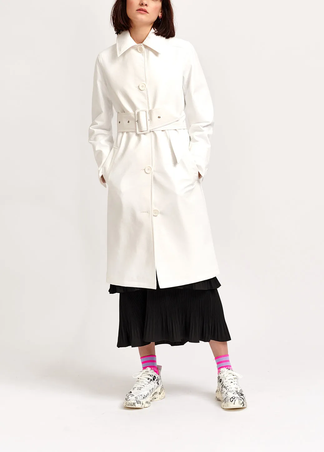 Off-white faux patent-leather trench coat