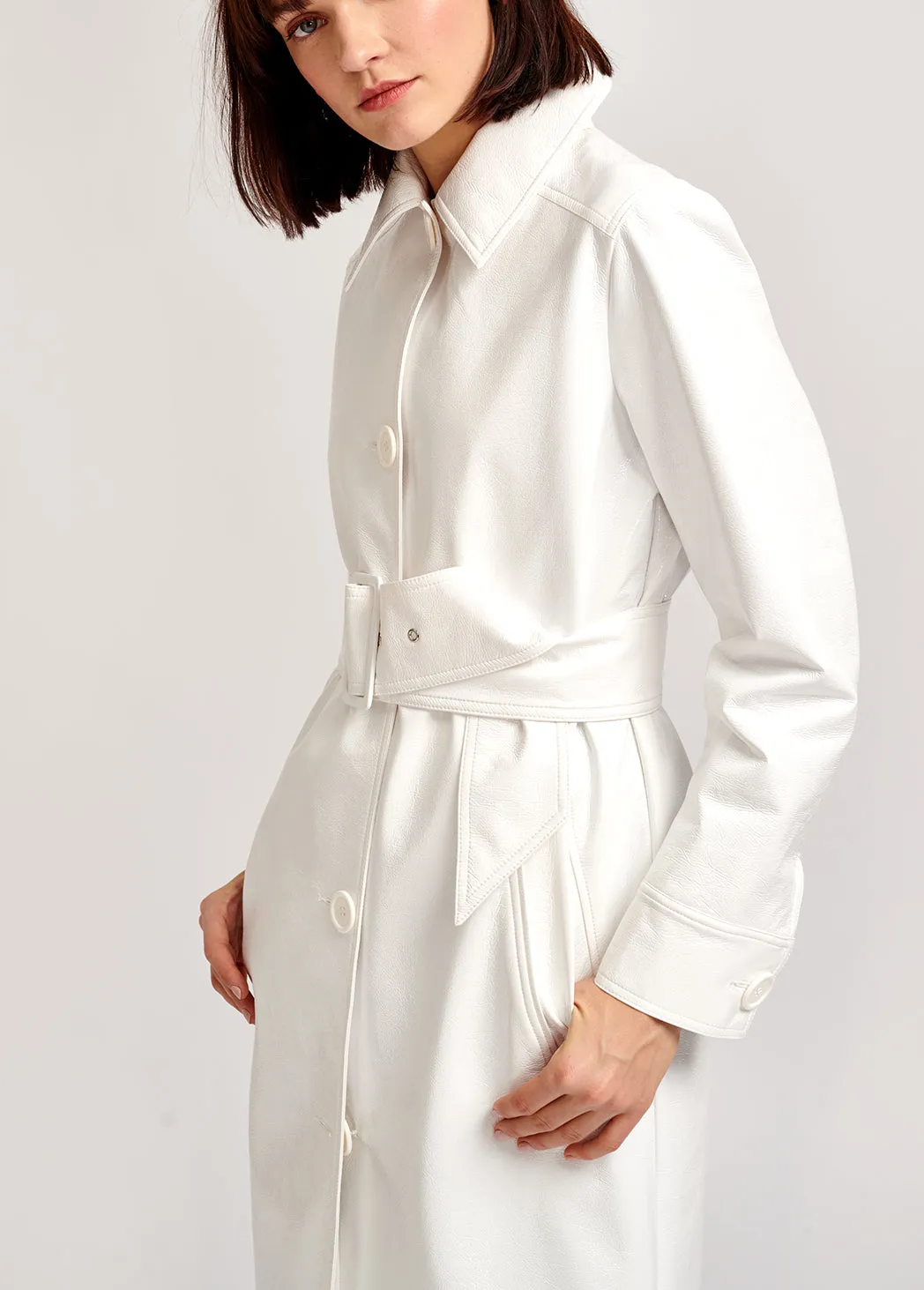 Off-white faux patent-leather trench coat