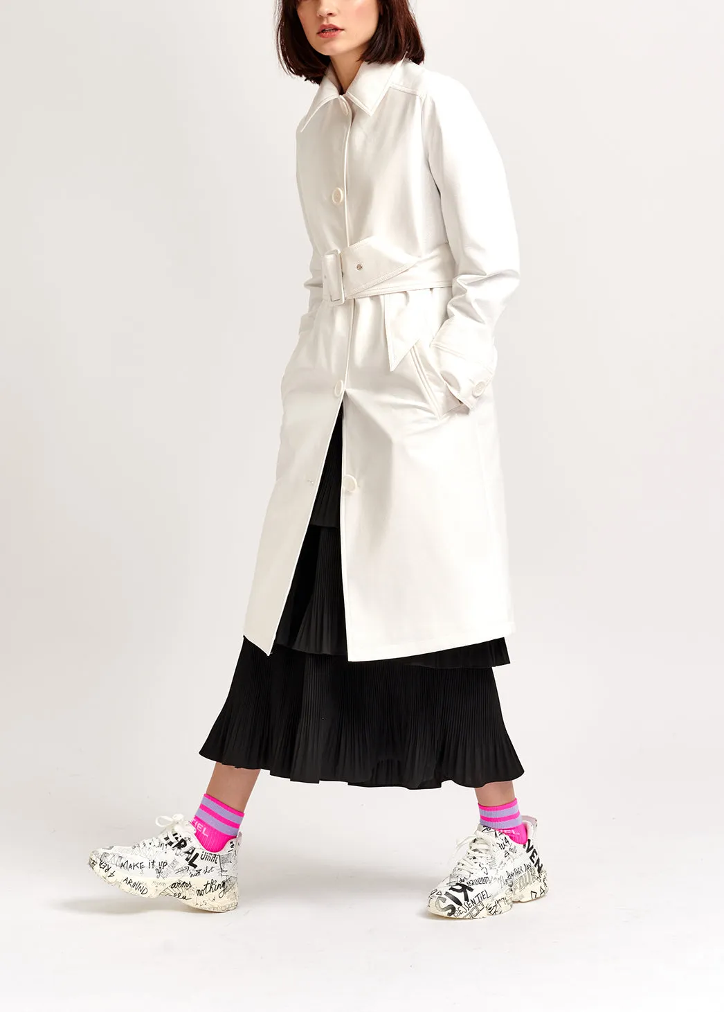 Off-white faux patent-leather trench coat
